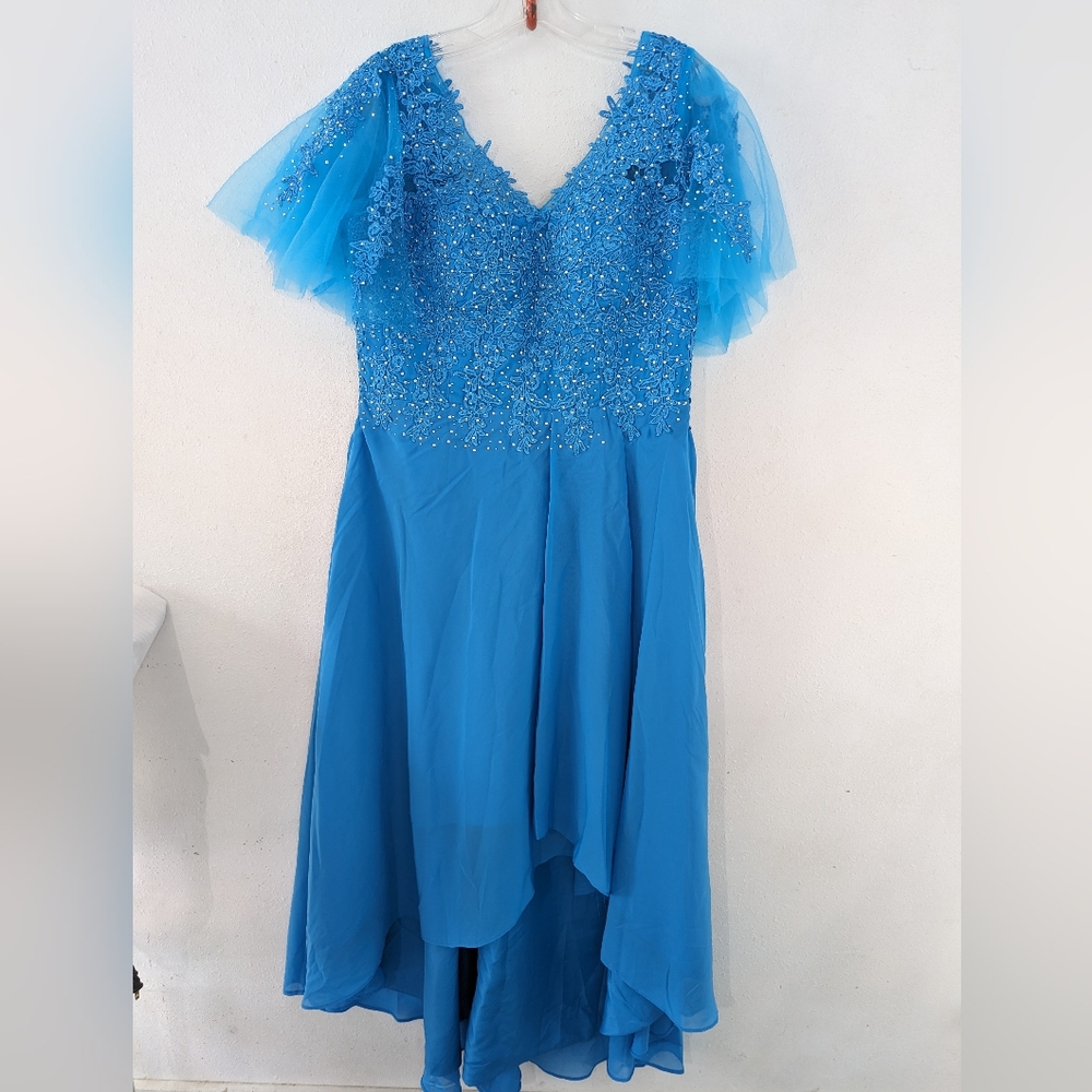 Tea Length Hi-Lo Mother of the Bride Formal Lace Chiffon Dress